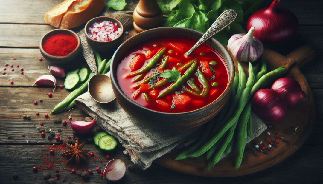 Barszcz czerwony z Sałaką z buraków ŚCINAWA i zieloną fasolką.